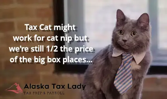 Cat in a necktie: Tax Cat might work for catnip, but we’re still half the price of the big box places