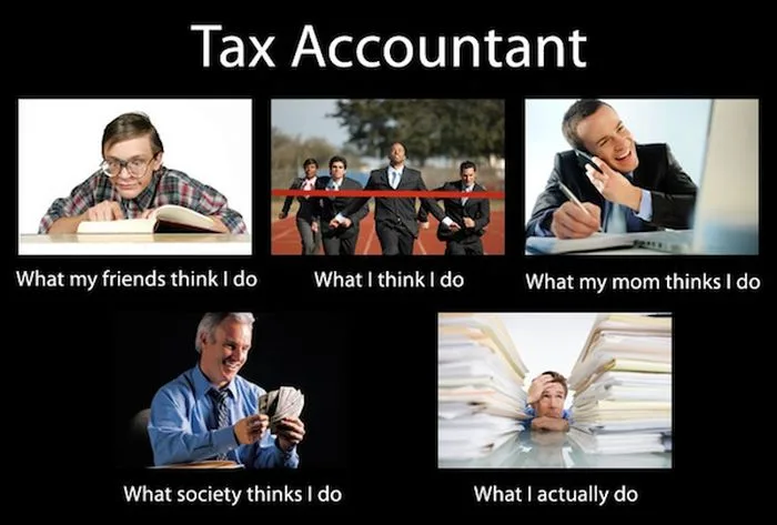 Tax accountant meme: what friends, mom and society think we do, and the reality, buried in paperwork