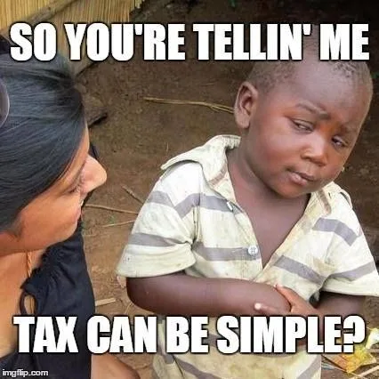 Skeptical toddler meme: So you’re tellin’ me tax can be simple?